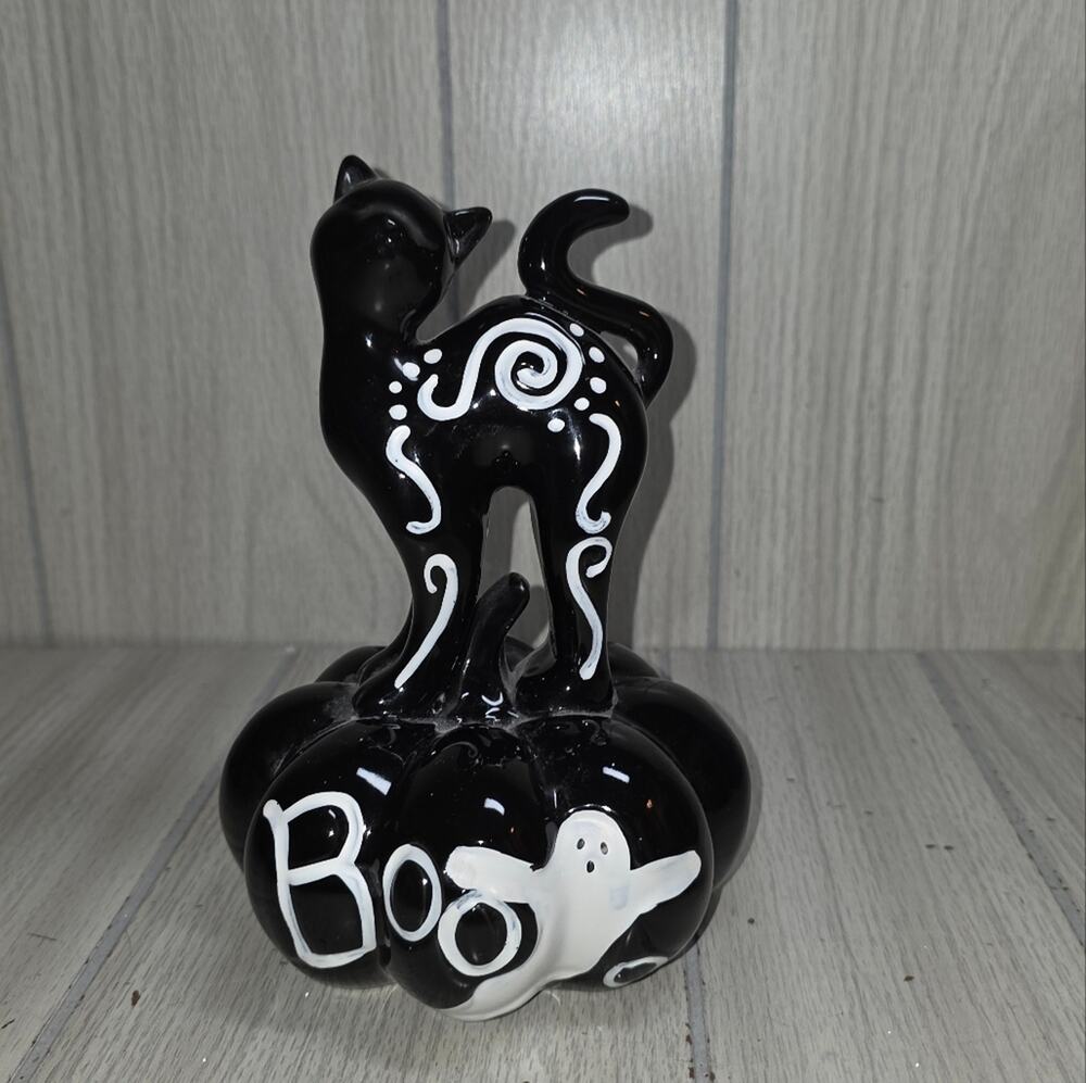Halloween Black Cat Atop Of A Boo Pumpkin Ceramic Figurine 9" Embellished Ghost